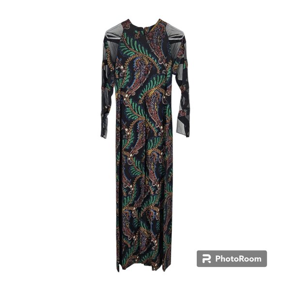 Vintage 70s Don Luis De Espana Black Green Paisley Maxi Long Sleeve Mod Size 10